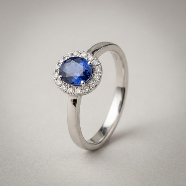 18K White Gold Sapphire Halo Ring with Diamond Accents
